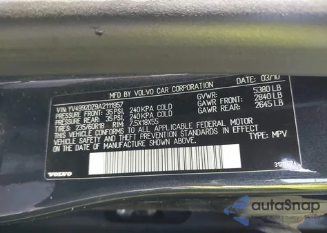 2010 Volvo Xc60 T6/T6 R-Design z USA, uszkodzony, nr VIN YV4992DZ9A2111957